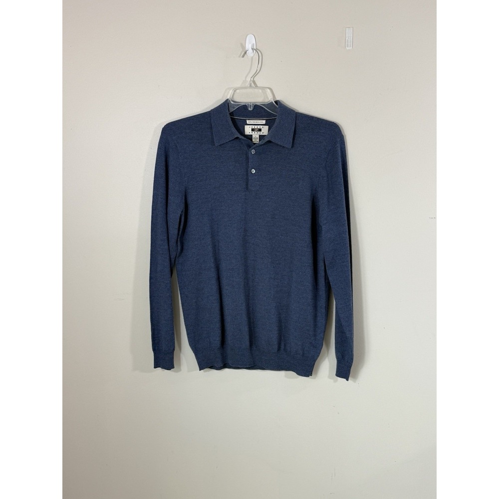 Joseph Abboud Sweater Polo Men's L Blue 100% Extra Fine Merino Wool Long Sleeve